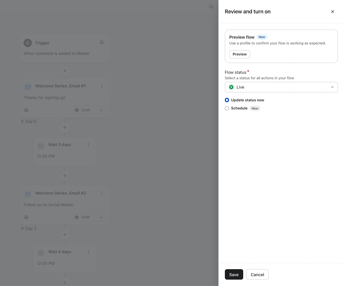 Klaviyo review and turn on panel for a Shopify welcome flow showing the preview flow option and live flow status setting.