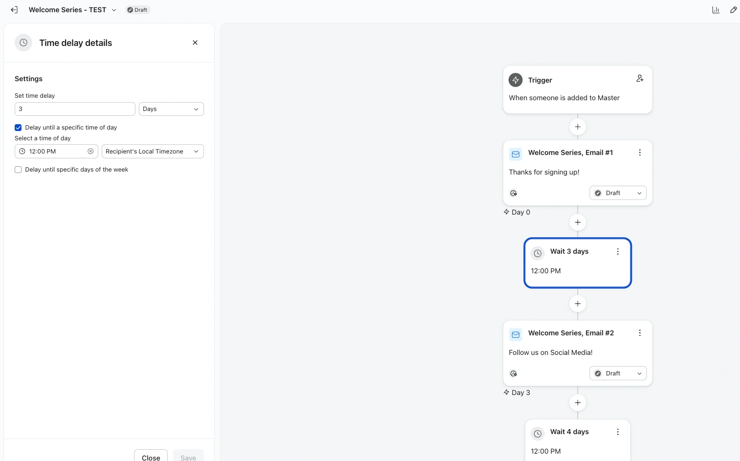 Klaviyo time delay settings for a Shopify welcome flow showing a three-day delay scheduled for the recipient’s local timezone.