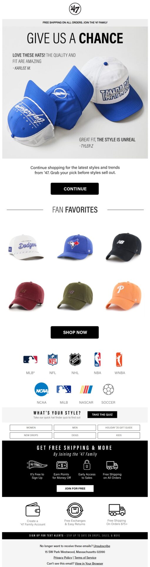 '47 winback email encouraging customers to return with fan-favorite hats and product recommendations