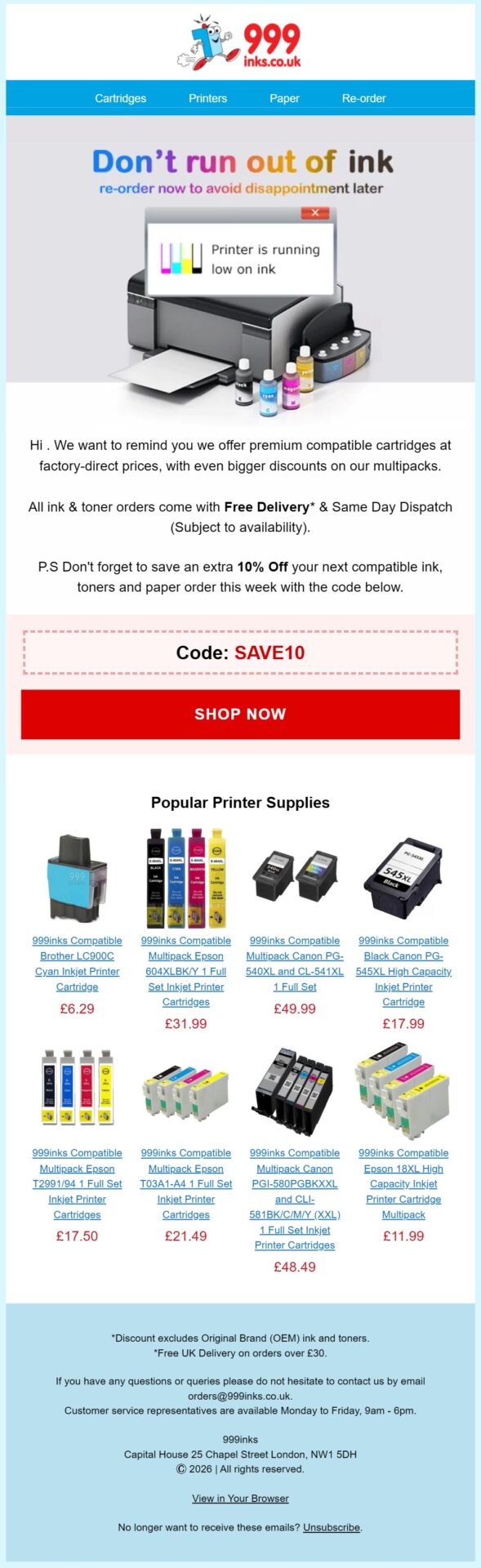 999inks replenishment winback email reminding customers not to run out of printer ink and offering 10% off their next reorder with featured printer supply products