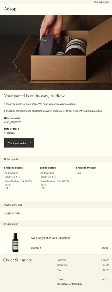 Aesop shipping confirmation email announcing that the parcel is on its way, with a Track Your Order button, shipping and billing details, shipping method, payment information, product details, and a complete order summary.