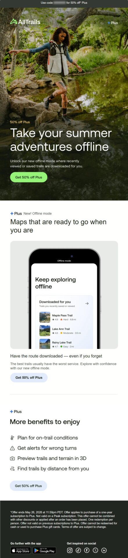 AllTrails last chance winback email reminding former Plus members that their rejoin offer ends soon and offering 50% off an annual subscription while highlighting offline maps and other premium features