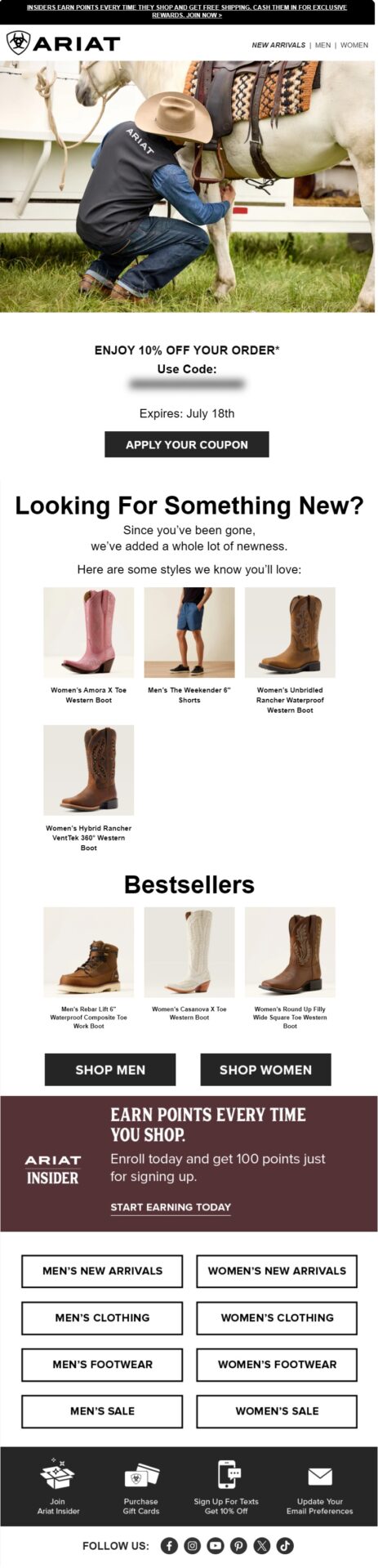 Ariat “We Miss You” winback email featuring recommended western boots, new arrivals, and bestselling styles alongside a 10% comeback offer