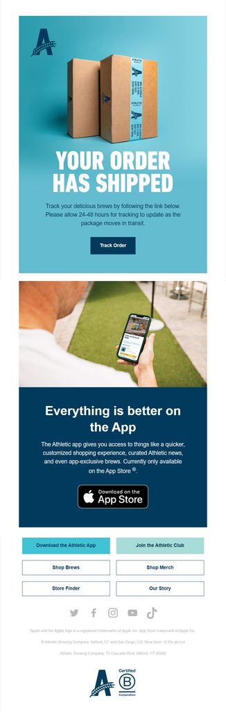 Athletic Brewing shipping confirmation email announcing that the order has shipped, with a Track Order button, branded package imagery, and additional content promoting the Athletic app and its personalized shopping features.