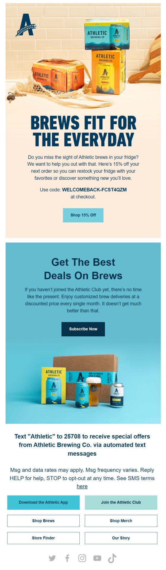 Athletic Brewing replenishment winback email offering 15% off to encourage customers to restock their favorite brews