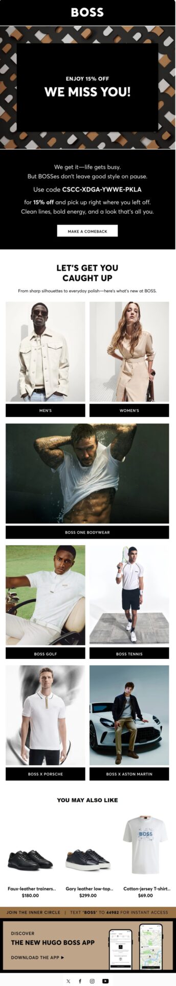 HUGO BOSS “We Miss You” winback email offering 15% off and featuring men’s and women’s fashion collections, sportswear, and recommended products to encourage customers to return