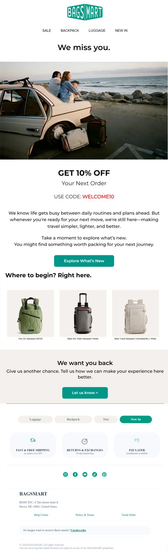 BagSmart winback email offering 10% off the next order with product recommendations and a “We miss you” message