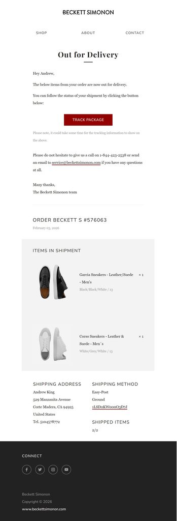 Beckett Simonon out-for-delivery email notifying the customer that the shipment is arriving soon, with a Track Package button, itemized shipment details, shipping address, shipping method, and customer support information.