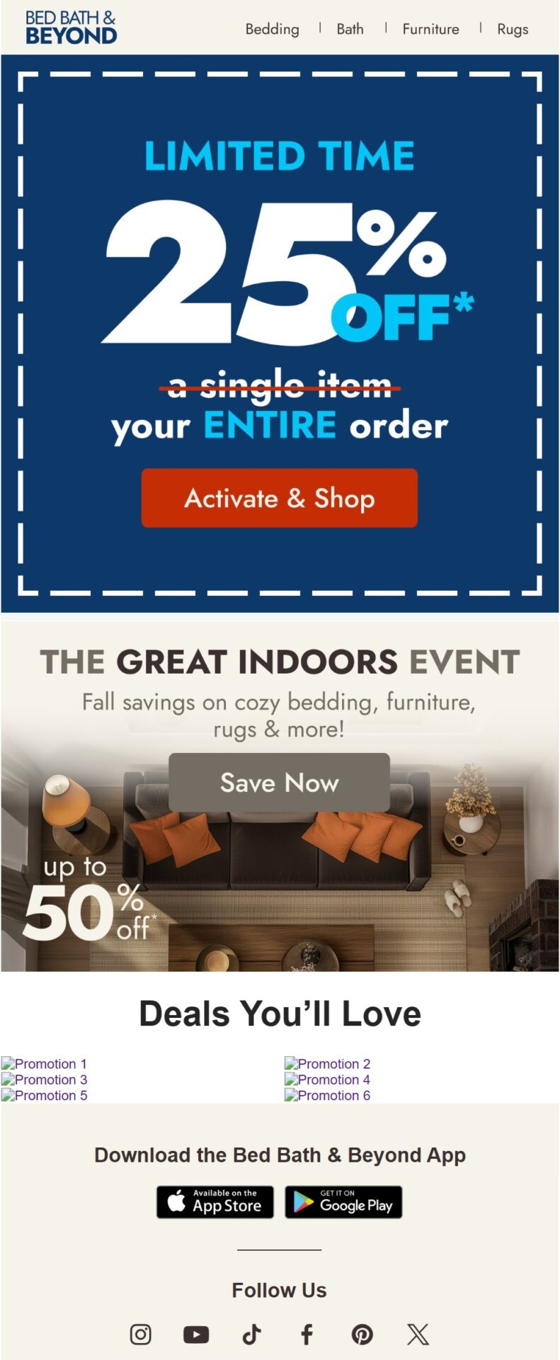 Bed Bath & Beyond winback email offering 25% off the customer’s entire order with a “We Miss You” message and limited-time comeback offer