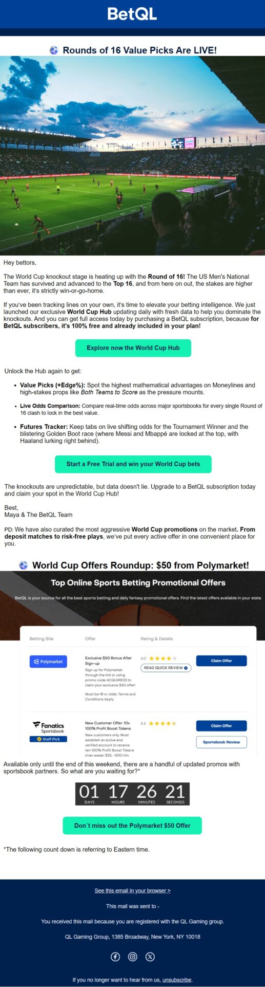 BetQL subscription winback email encouraging former subscribers to reactivate and regain access to World Cup picks and betting insights