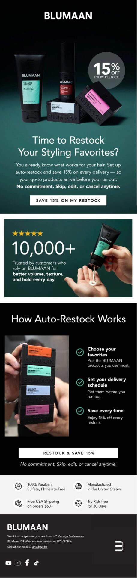 BluMaan replenishment winback email encouraging customers to restock their favorite hair styling products with 15% off every auto-restock delivery