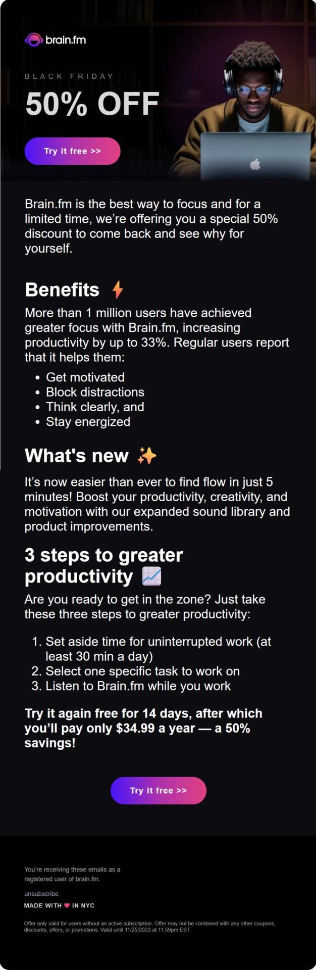 Brain.fm subscription winback email inviting former users to try the service again for free and return with 50% off an annual membership while highlighting focus and productivity benefits
