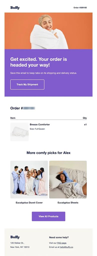 Buffy shipping confirmation email announcing that the order is headed to the customer, with a Track My Shipment button, order and product details, personalized recommendations for complementary bedding products, and customer support links.