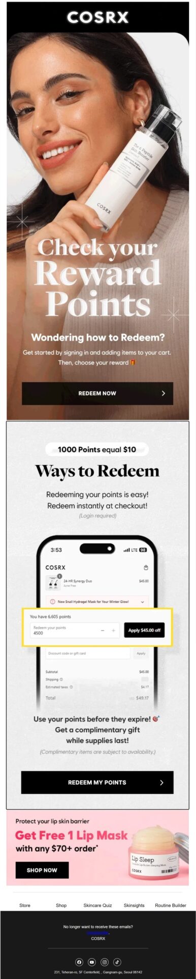 COSRX loyalty winback email reminding customers to use their reward points before they expire and explaining how points can be redeemed for discounts and complimentary gifts