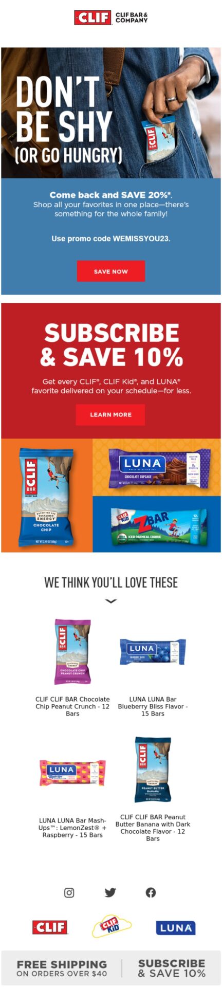 CLIF Bar winback email offering 20% off to bring customers back with personalized product recommendations