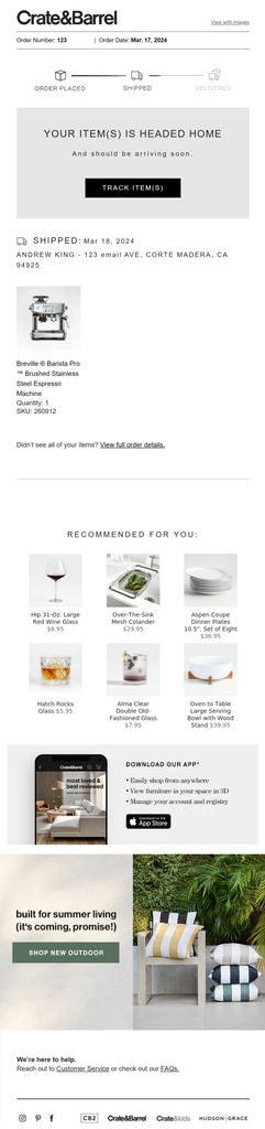 Crate & Barrel shipping confirmation email showing that an order has shipped, with a shipment progress indicator, Track Item(s) button, product details, personalized recommendations, app promotion, and additional seasonal shopping content.