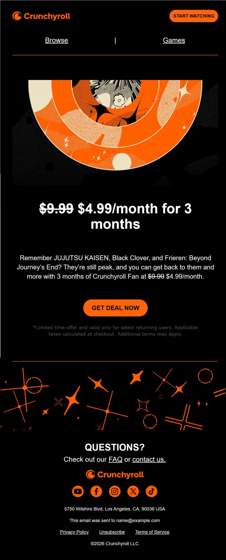 Crunchyroll subscription winback email offering returning users three months at $4.99 per month to encourage them to come back