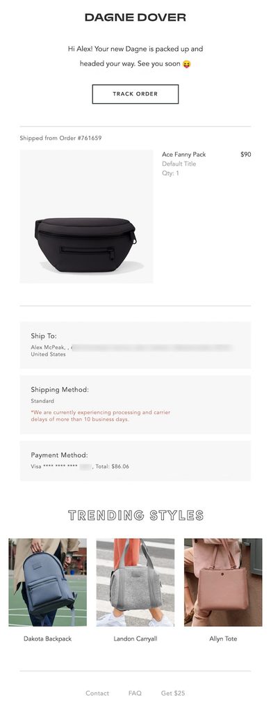 Dagne Dover shipping confirmation email announcing that the order has shipped, with a Track Order button, shipped product details, delivery address, shipping method, payment information, a note about possible processing and carrier delays, and a Trending Styles section with recommended bags.