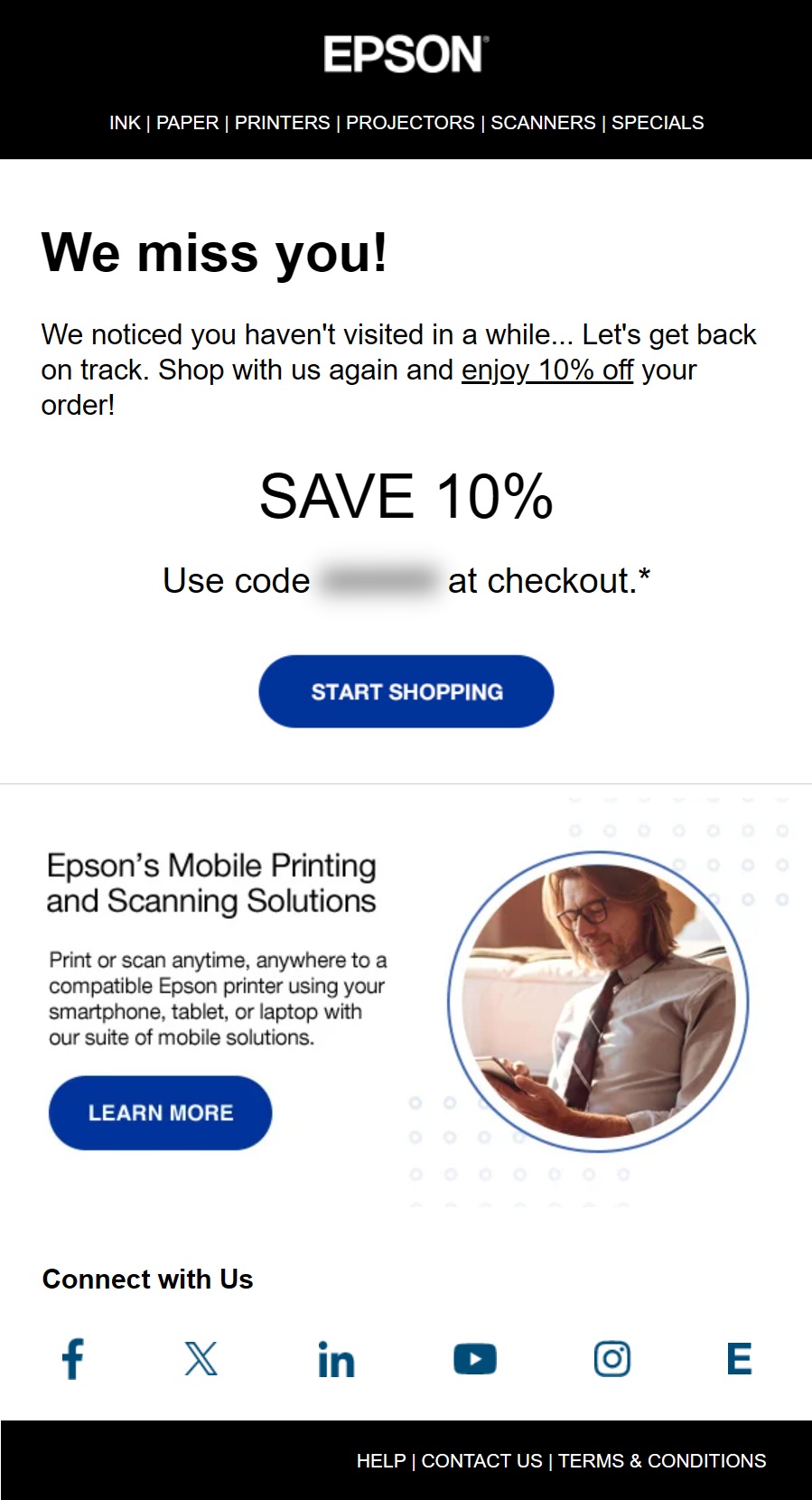 Epson “We Miss You” winback email inviting inactive customers to shop again with 10% off their next order and highlighting mobile printing and scanning solutions