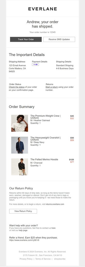 Everlane shipping confirmation email announcing that the order has shipped, with tracking and SMS update options, shipping and payment details, an itemized order summary, return information, and a referral offer.