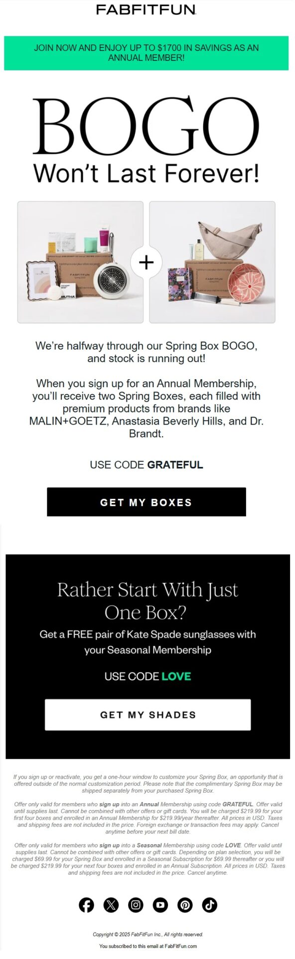 FabFitFun last chance winback email urging former members to reactivate before the Spring Box BOGO offer ends, with two boxes for the price of one and limited-time membership incentives