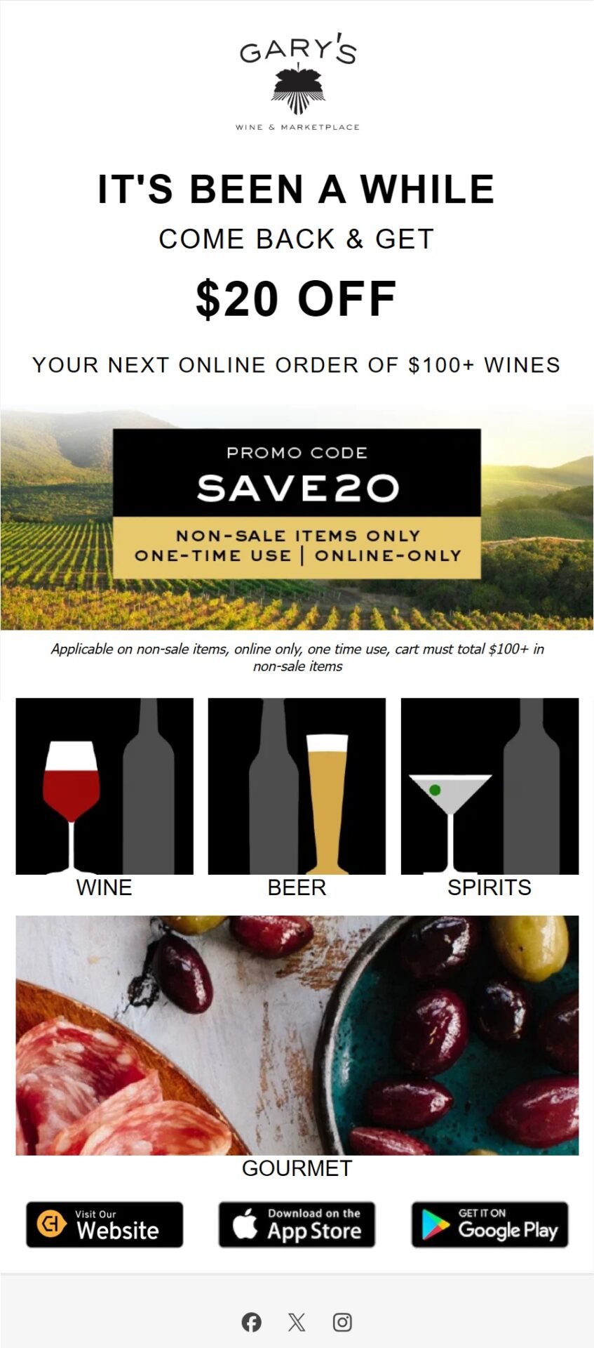 Gary’s Wine & Marketplace “It’s been a while” winback email offering $20 off the customer’s next online wine order