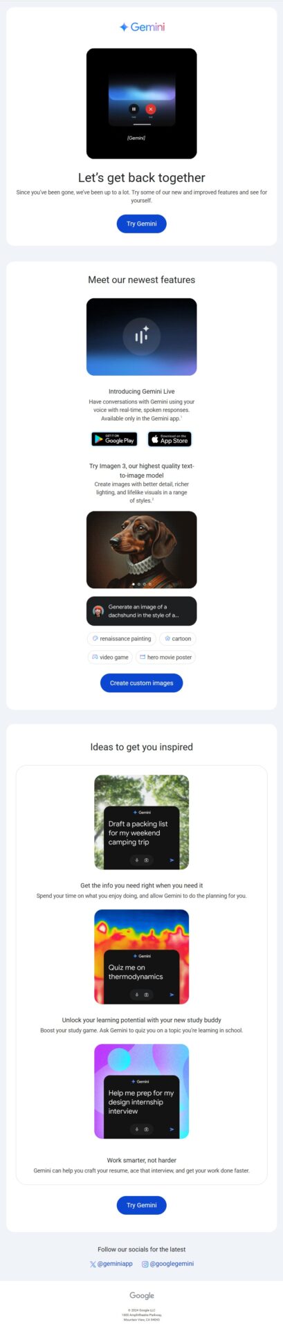 Gemini no-discount winback email highlighting new features and encouraging inactive users to return and try the product again