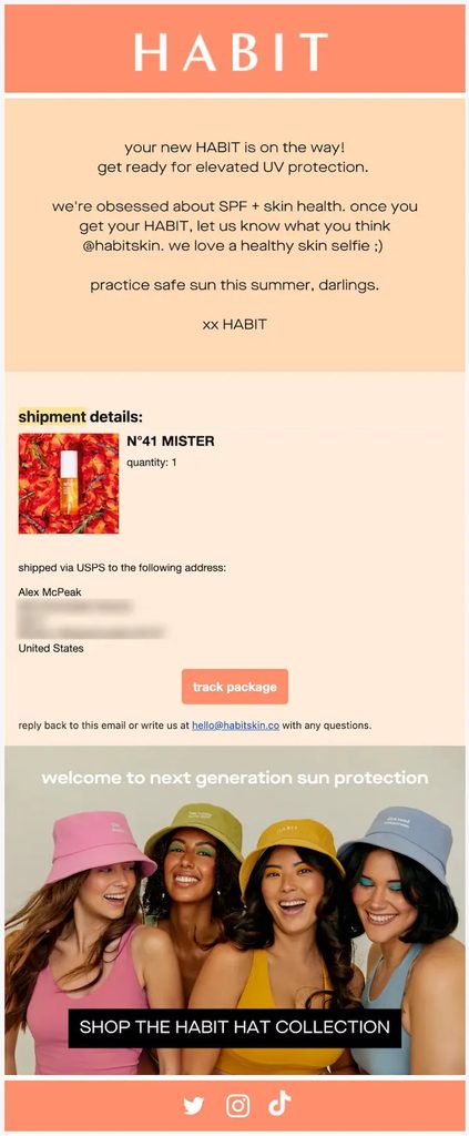 HABIT shipping confirmation email announcing that the order is on the way, with shipped product details, USPS delivery information, a Track Package button, customer support contact, a social media prompt to share a skin selfie, and additional content promoting the HABIT Hat Collection.
