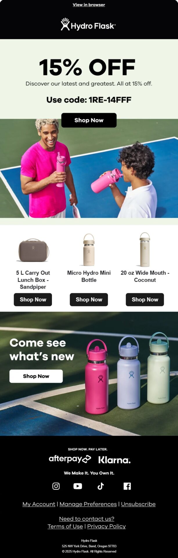 Hydro Flask winback email offering 15% off and featuring recommended bottles, lunch boxes, and new products to encourage customers to return and shop again
