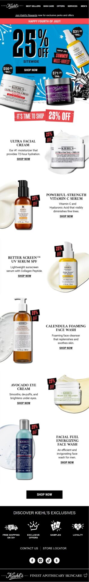 Kiehl’s winback email featuring a curated selection of moisturizers, serums, cleansers, and face masks alongside a 25% off comeback offer