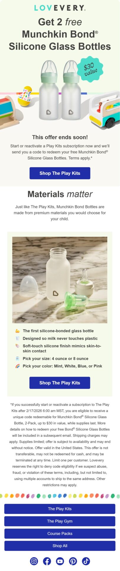 Lovevery subscription winback email offering two free Munchkin glass bottles to customers who start or reactivate a Play Kits subscription before the offer ends