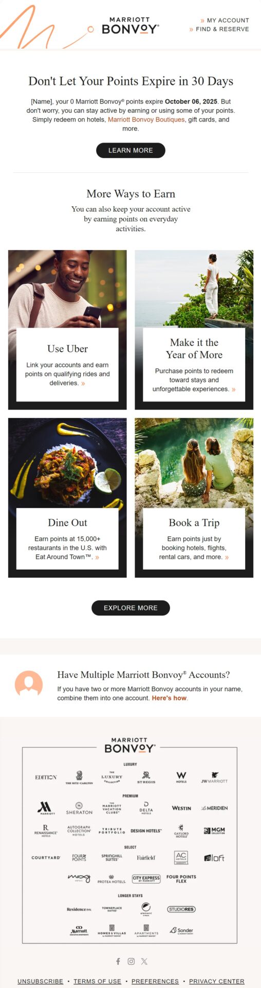 Marriott Bonvoy winback email reminding inactive members that their points are about to expire and showing ways to keep their account active through hotel stays, dining, Uber, and other rewards activities