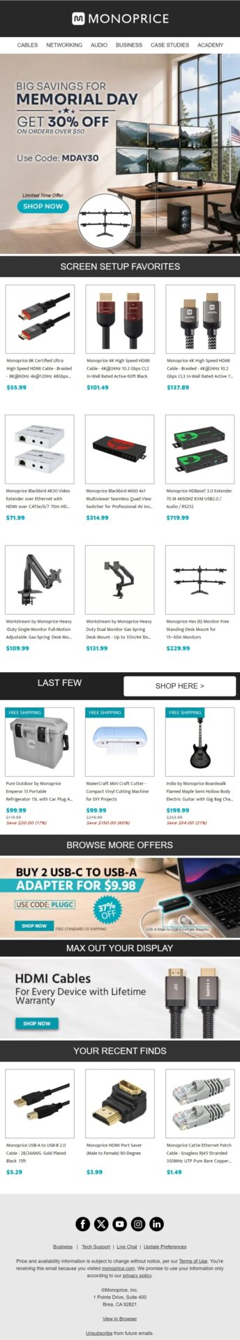 Monoprice winback email featuring product recommendations and recent finds with a 30% off return offer