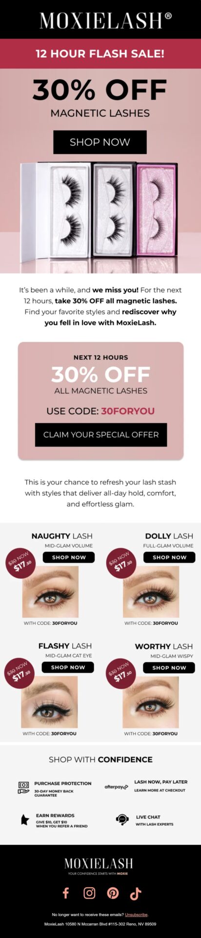MoxieLash last chance winback email telling customers “we miss you” and offering 30% off magnetic lashes for 12 hours with featured lash styles and a limited-time comeback code
