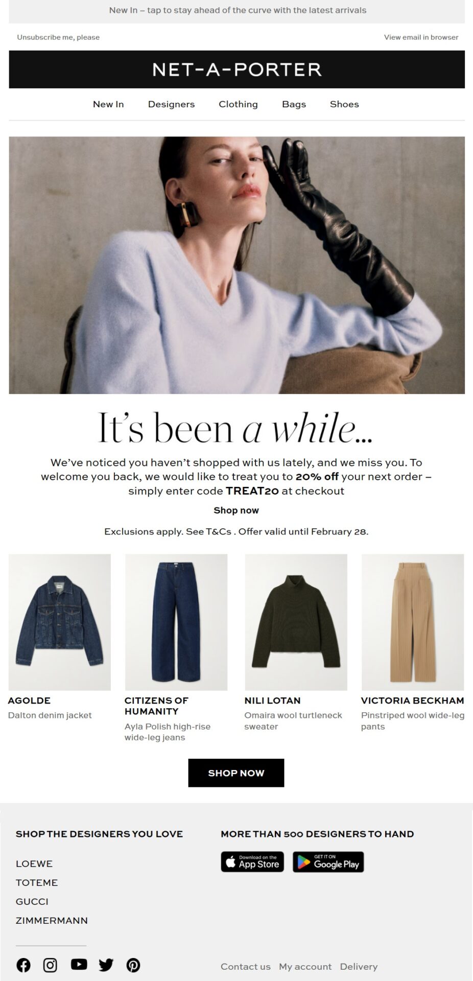 Net-A-Porter “It’s been a while” winback email offering 20% off the next order and featuring curated fashion product recommendations