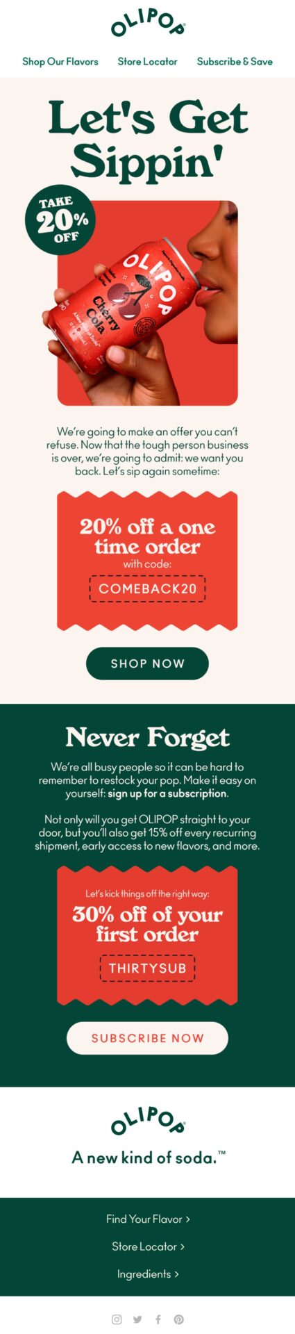 OLIPOP winback email offering 20% off a one-time order and 30% off the first subscription order to encourage customers to come back