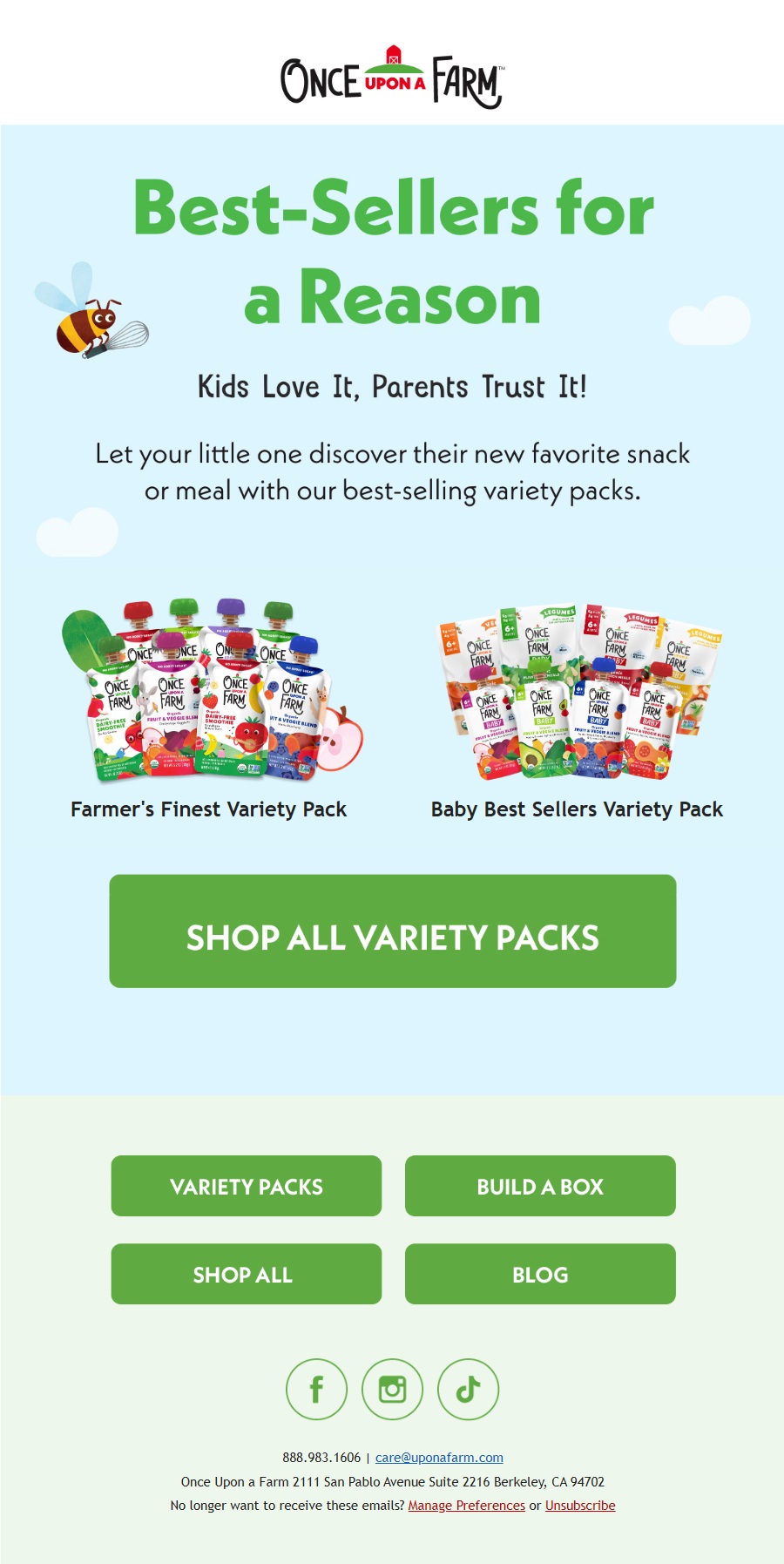 Once Upon a Farm “Come back and shop” winback email featuring bestselling variety packs and popular snack recommendations to encourage customers to return