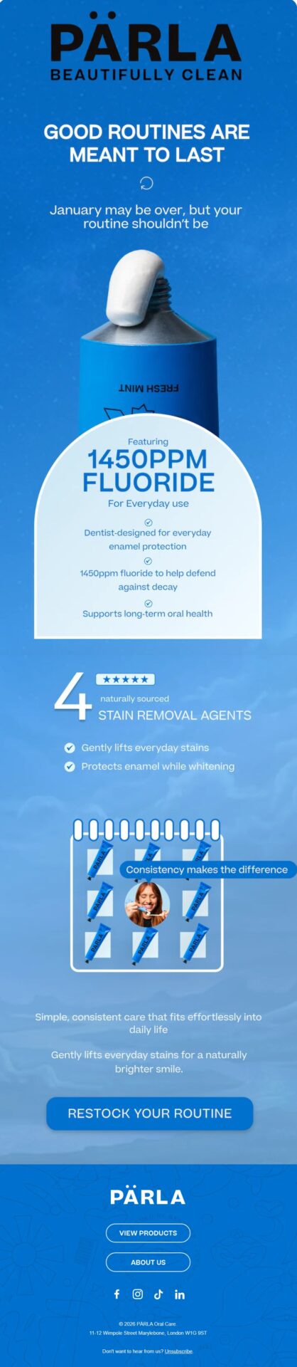 PÄRLA replenishment winback email asking customers if they are running low on toothpaste and encouraging them to restock their fluoride toothpaste routine