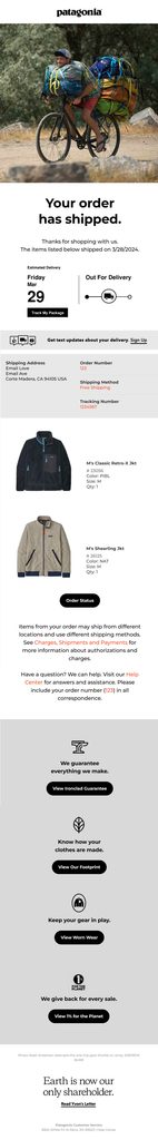 Patagonia shipping confirmation email announcing that the order has shipped, with a prominent estimated delivery date and out-for-delivery progress indicator, tracking CTA, shipping details, product information, and additional brand content about guarantees, repairs, sustainability, and environmental initiatives.