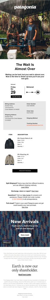 Patagonia delivery update email with a large lifestyle hero image, the heading “The Wait Is Almost Over,” a short message building anticipation for delivery, a delivery date, a delivered progress indicator, billing and shipping address details, order number, order date, shipping method, tracking number, product images with item descriptions, a track my package button, support and returns links, a promotional new arrivals section, and Patagonia footer branding.