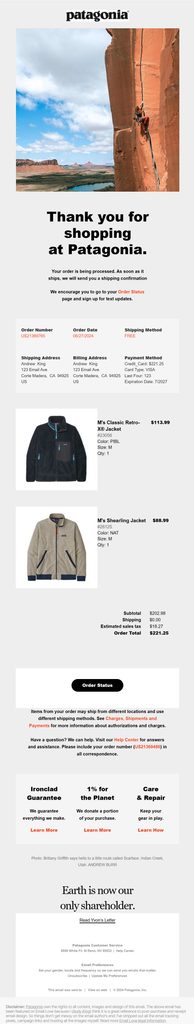 Patagonia order confirmation email with a large rock-climbing hero image, the heading “Thank you for shopping at Patagonia,” a short message saying the order is being processed, order number, order date, shipping method, shipping and billing addresses, payment method, two product images with item details and prices, an order total summary, and an Order Status button, followed by Patagonia brand value blocks and footer content.