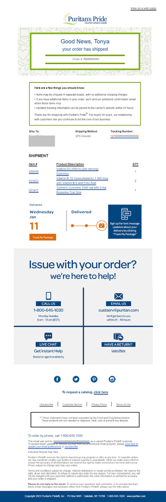 Puritan’s Pride shipping confirmation email announcing that the order has shipped, with order number, shipping method, tracking number, itemized shipment details, a delivery progress indicator showing the expected arrival date, a Track My Package button, and multiple customer support options.