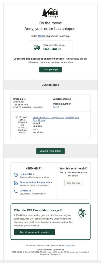 REI Co-op shipping confirmation email announcing that the order has shipped ahead of schedule, with a prominent new estimated arrival date, Track Package button, carrier and tracking details, shipped item information, and membership benefits.