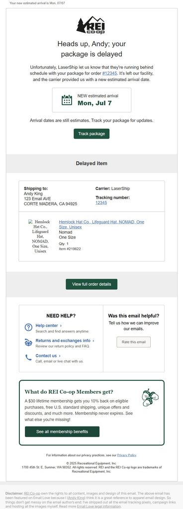 REI Co-op shipping delay email notifying the customer that their package is running behind schedule, with a new estimated arrival date, Track Package button, delayed item details, carrier information, and customer support links.