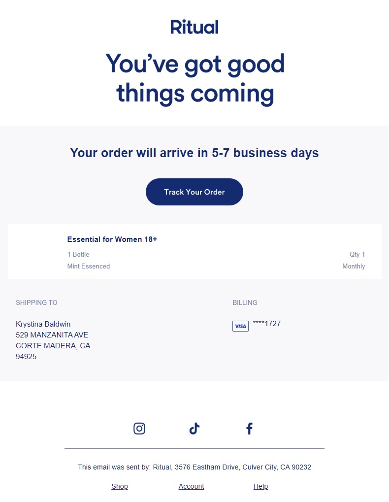 Ritual shipping confirmation email announcing that the order has shipped, with an estimated 5–7 business day delivery window, Track Your Order button, product and quantity details, shipping address, and billing information.