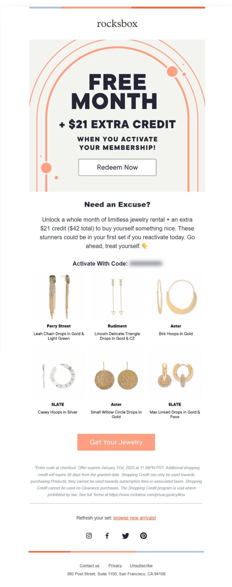 Rocksbox subscription winback email offering a free month and $21 in extra jewelry credit to reactivate a membership, alongside a selection of featured earrings