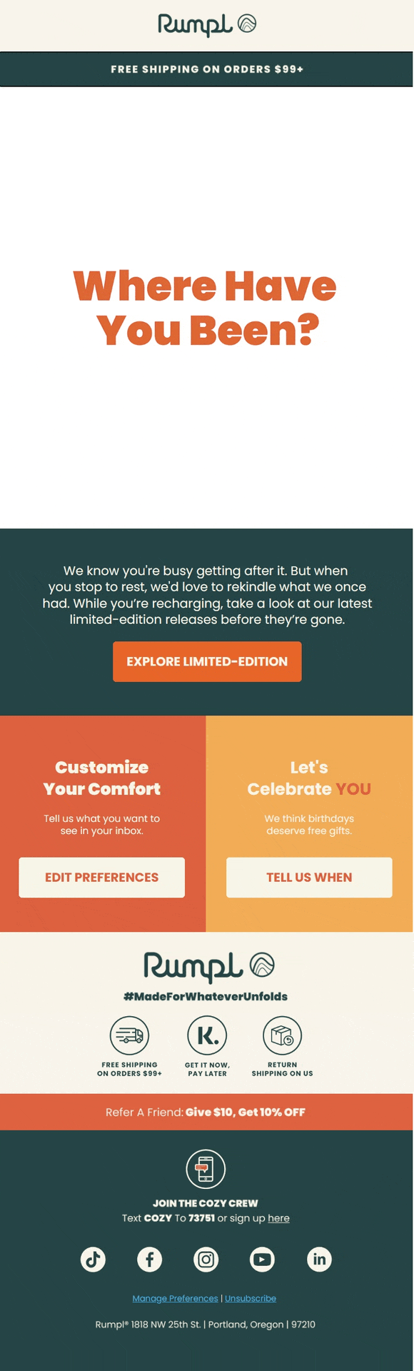 Rumpl winback email with an animated “Where Have You Been?” message encouraging inactive customers to return and explore limited-edition releases