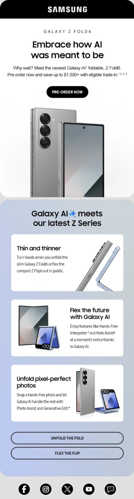 Samsung winback email encouraging customers to come back with the new Galaxy Z Fold6, highlighting Galaxy AI features and up to $1,500 in savings with an eligible trade-in