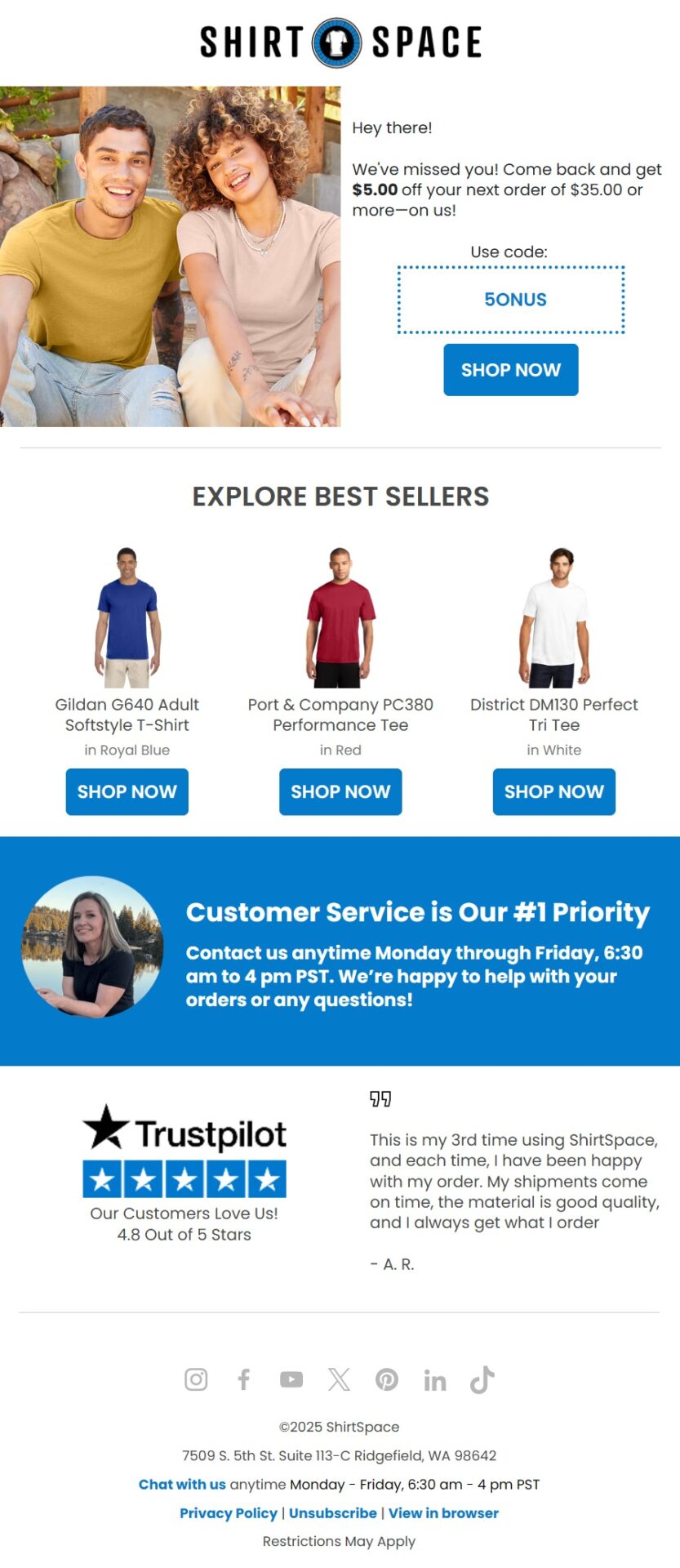 ShirtSpace “We Miss You” winback email offering $5 off the customer’s next order and featuring bestselling T-shirts to encourage a return purchase