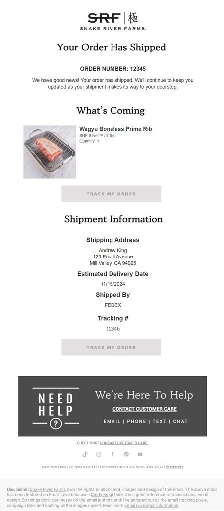 Snake River Farms shipping confirmation email announcing that the order has shipped, with a prominent estimated delivery date, carrier and tracking number, product details, shipping address, Track My Order buttons, and customer support information.